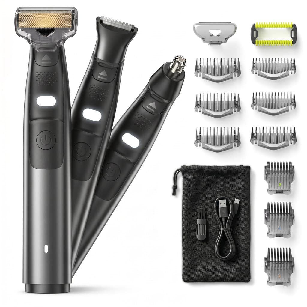 Barbeador e Aparador Elétrico Masculino 3 em 1 para Barba Corpo Virilha Nariz IPX6 LED USB-C 9 Pentes Estojo Preto