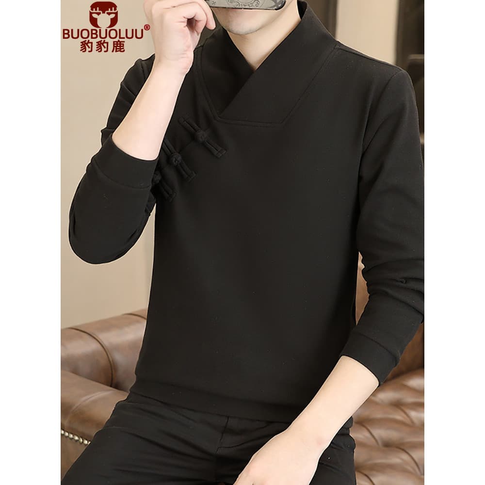 Estilo chinês gola alta Diagonal Cardigan abotoado camiseta masculina de manga comprida moletom Retro camisa de fundo al