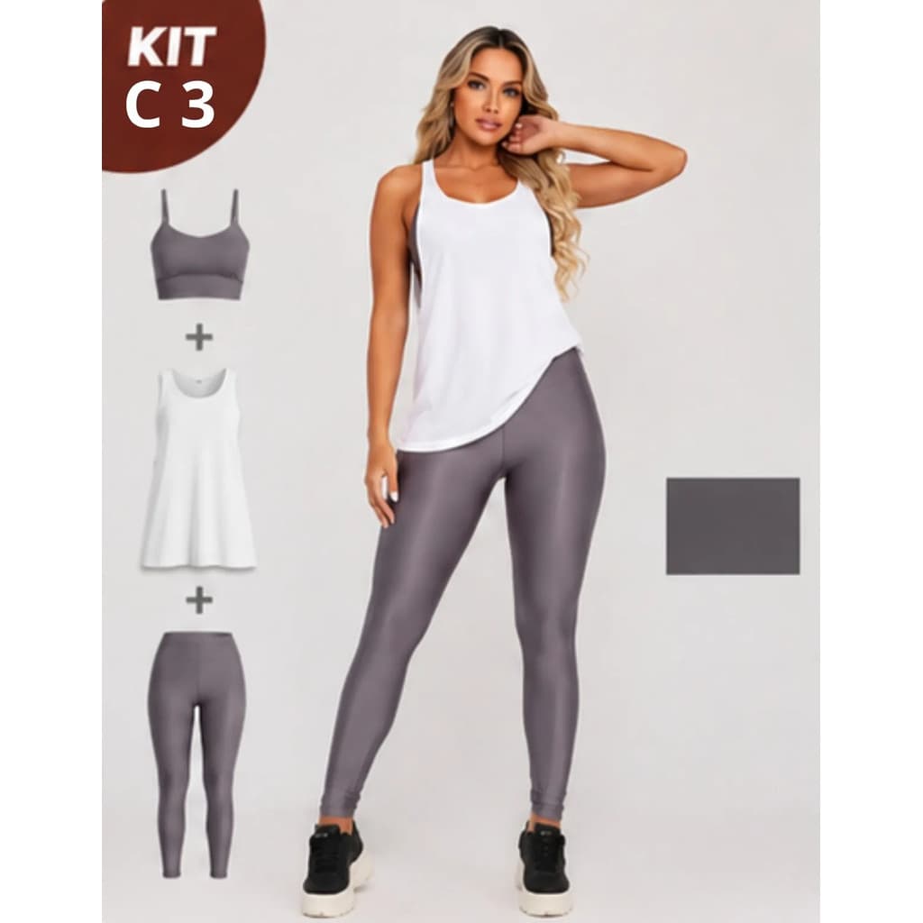 Kit 3 Peça Fitness Roupa Academia Legging + Cropped + Regata OGR