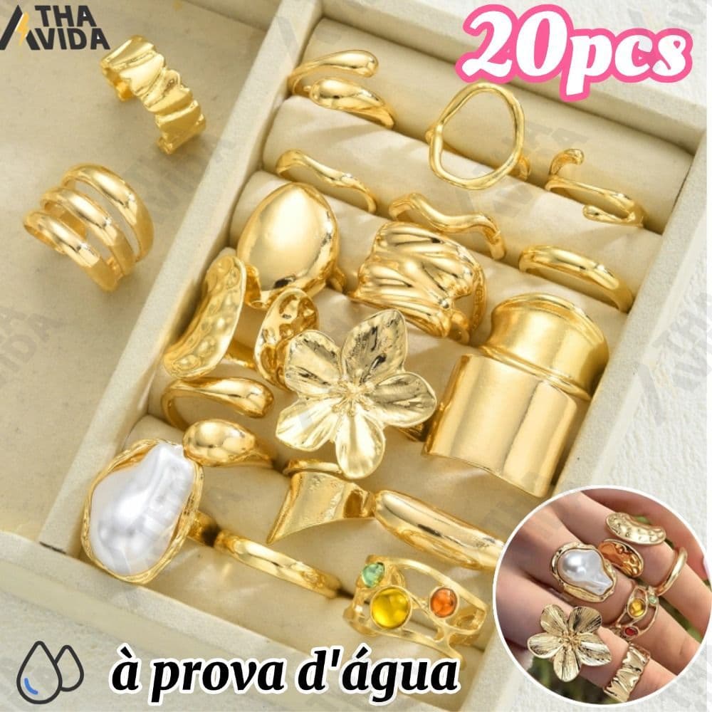 Kit 20 Anéis Femininos Dourados Falange Boho Vintage Pérola Borboleta Coração Moda Feminina-AV