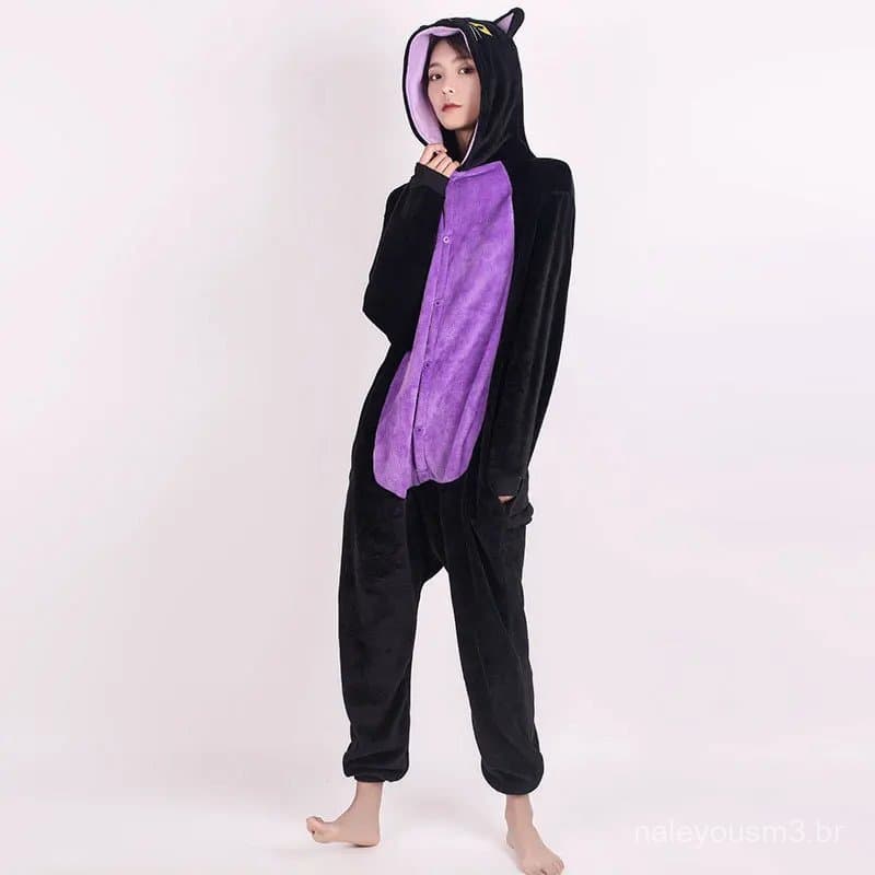 Macacão de Flanela de Gato Preto Fofo para Adultos, Pijama de Peça Única de Animal de Desenho Animado, Suéter para Casa
