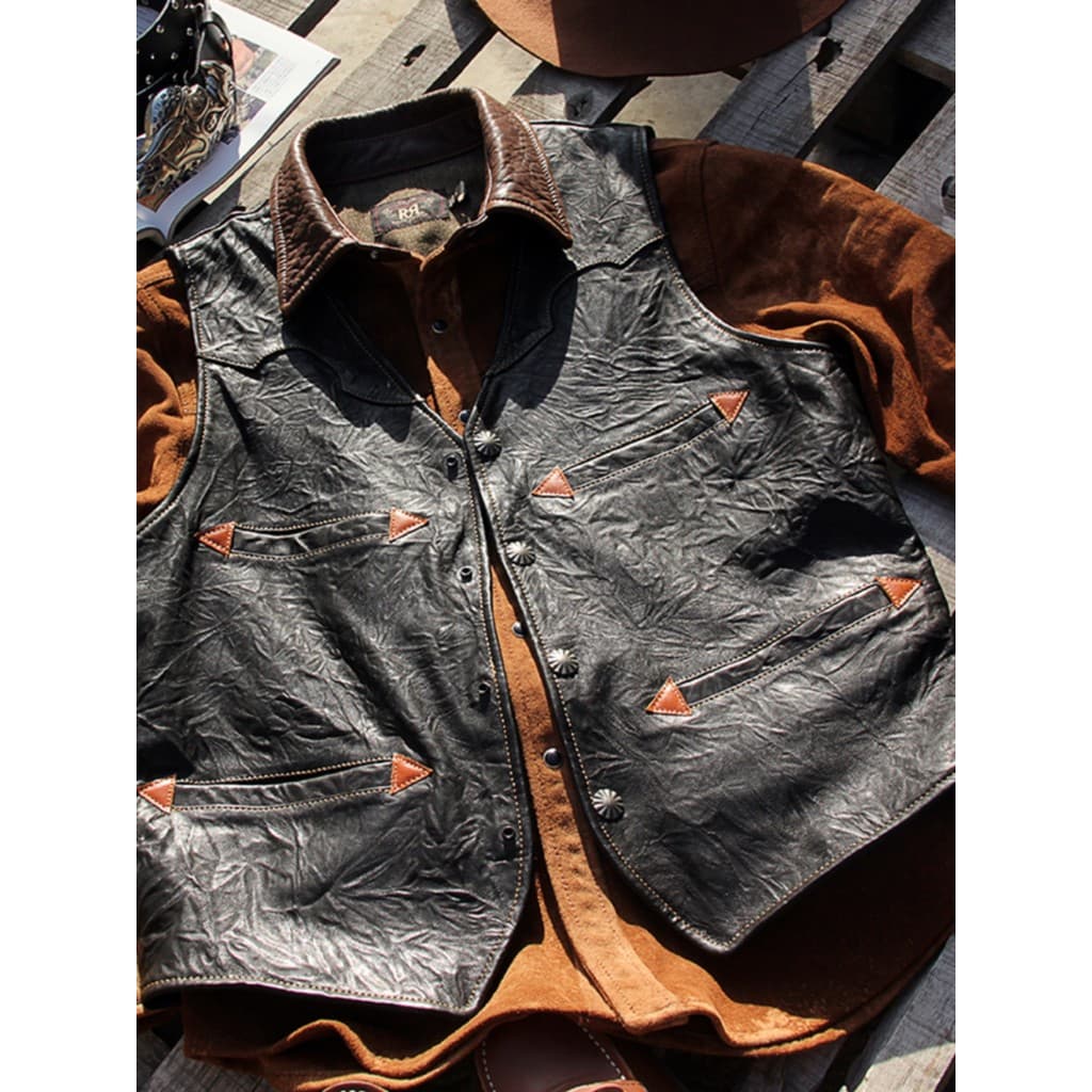 Americano Retro colete de couro genuíno masculino com decote em v Casual curto fino ajuste vegetal curtido embreagem pad