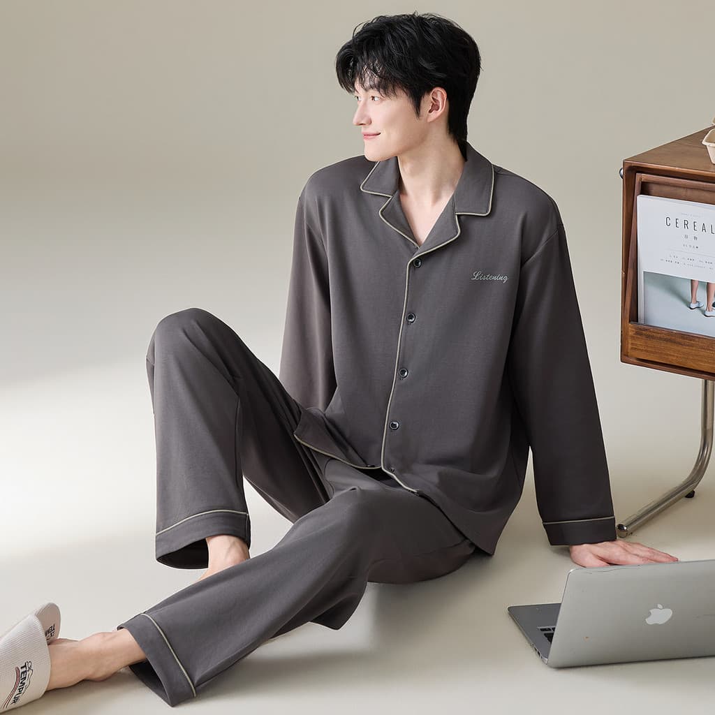 Pijamas de algodão puro masculino 100% algodão Loungewear terno masculino algodão calças de manga comprida solto respirá