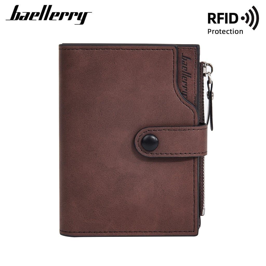 [Promoção] baellerry nova carteira masculina curta retro com proteção RFID anti-magnética, carteira com zíper triplo e p