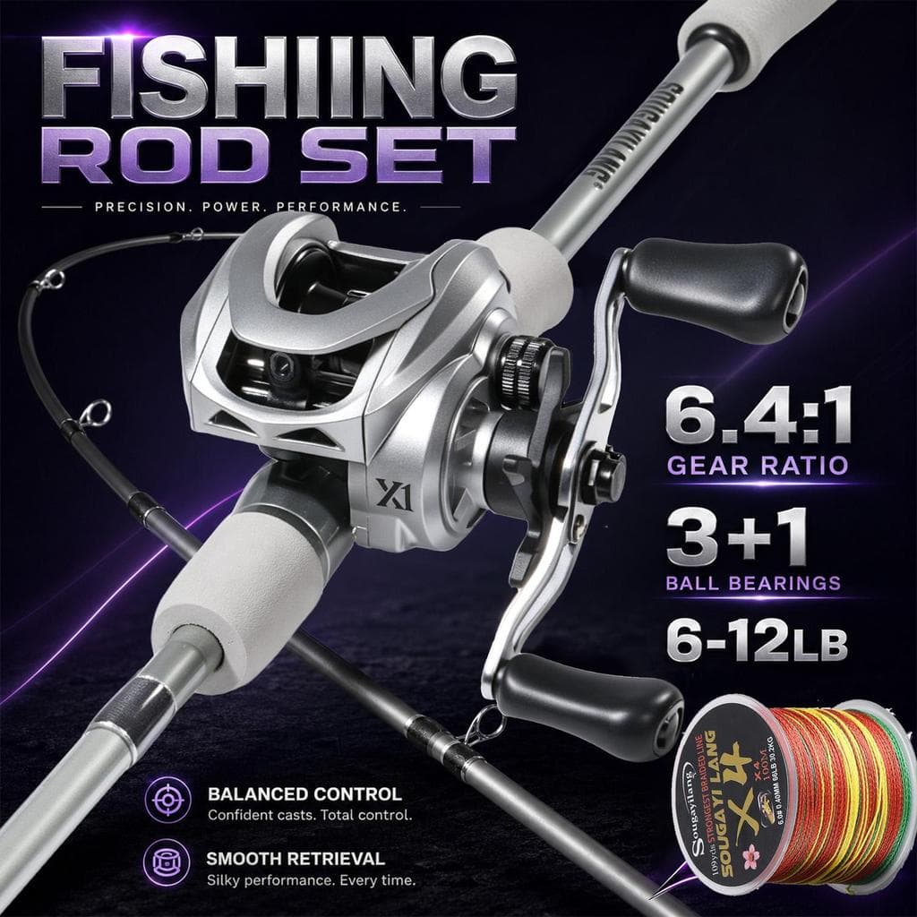 Kit de Pescaria Sougayilang Sólido Vara de pesca 1.80m 2 seções + Carretilha de pesca 7.2:1 + Linha de pesca