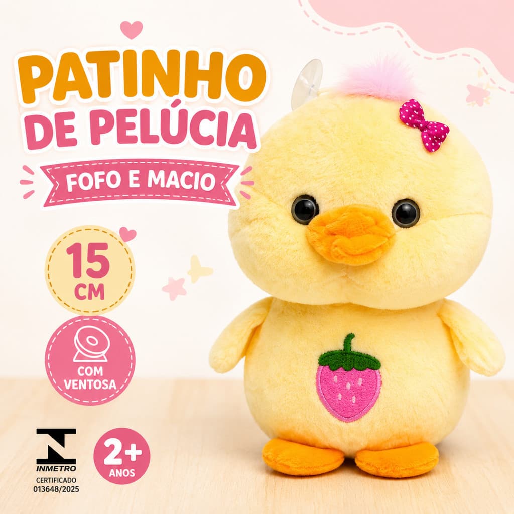 Patinho de Pelúcia Fofo 15cm com Ventosa Pato Amarelo Infantil Presente Decoração Quarto