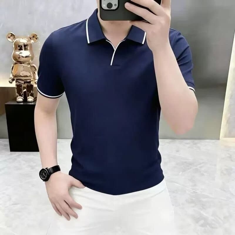 Camisa POLO de verão masculina gola gaivota manga curta camiseta lapela contraste cor com decote em V Casual fino ajuste