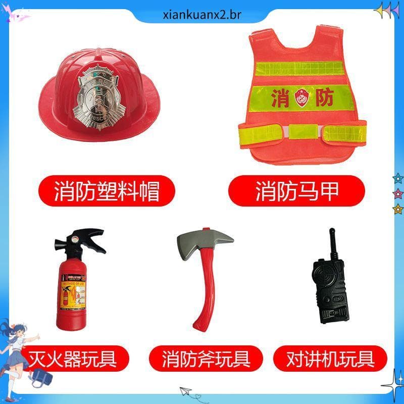 Traje de bombeiro policial infantil fantasia de polícia de trânsito de dramatização (extentor de incêndio sem água)
