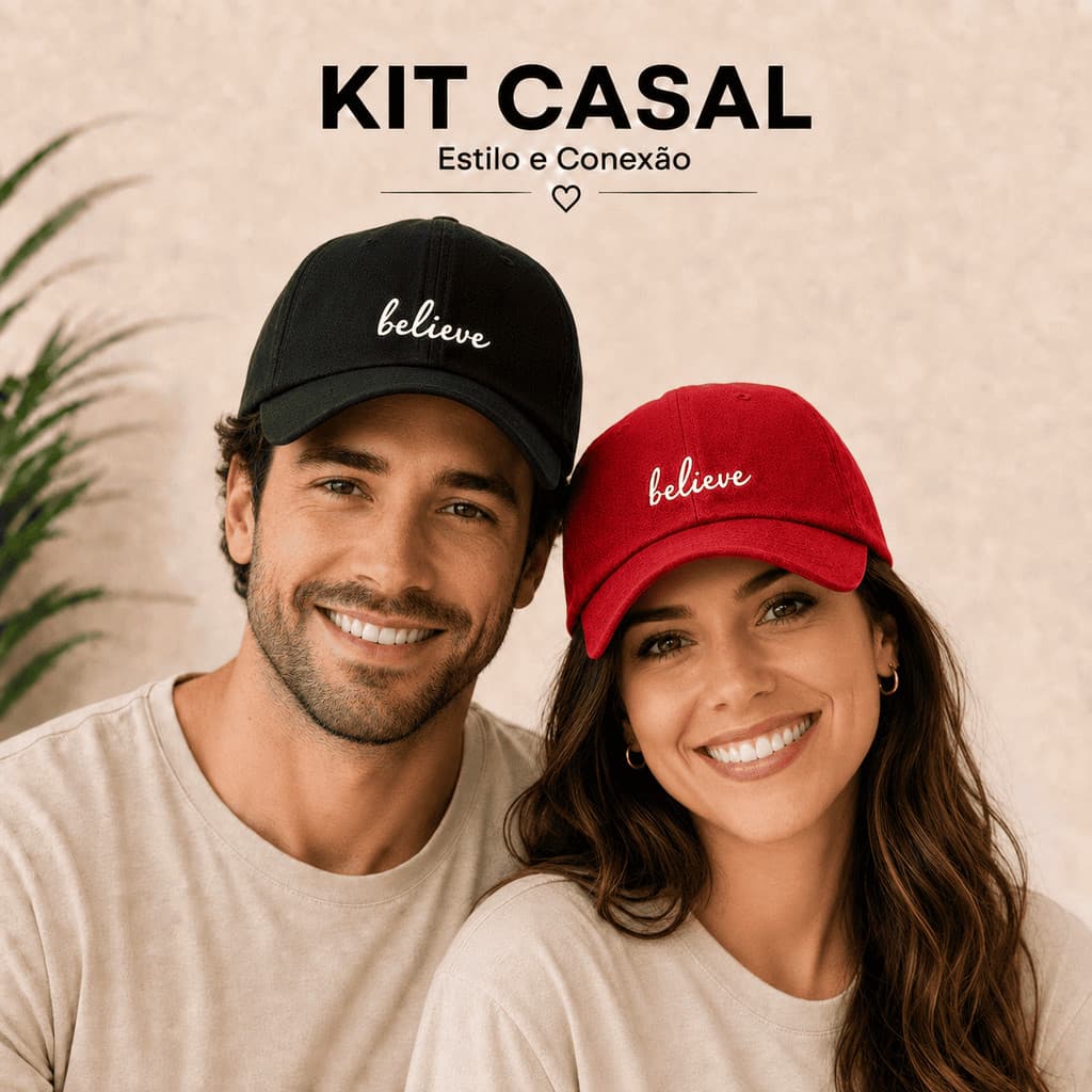 Kit Casal 2 Bonés Believe Acreditar Casual Retrô Bordado Praia Masculino e Feminino com Regulagem