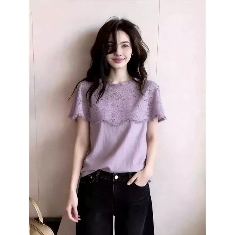 [Nova chegada] produtos europeus High-End personalizado Taro roxo tamanho grande renda desgastada topo, 2026 verão novo