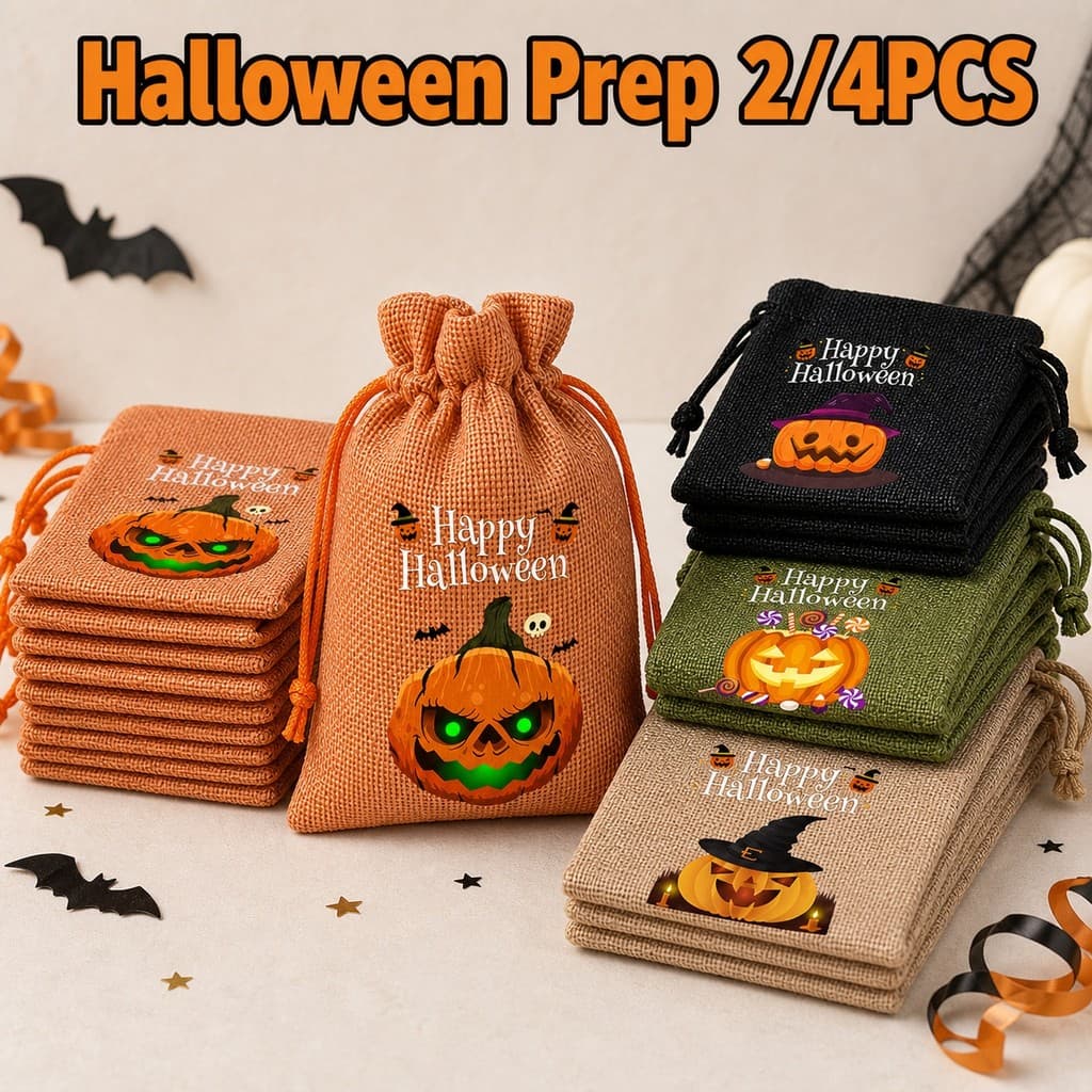 2/4 Pcs Bolsa De Serapilheira Impressa Para Halloween Pequena Presente Com Cordão Decoração De Festa Sazonal