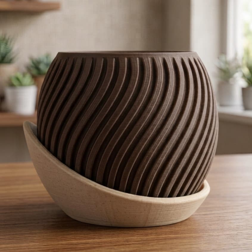 Vaso Ondulado Moderno Grande | Cachepot Decorativo com Suporte