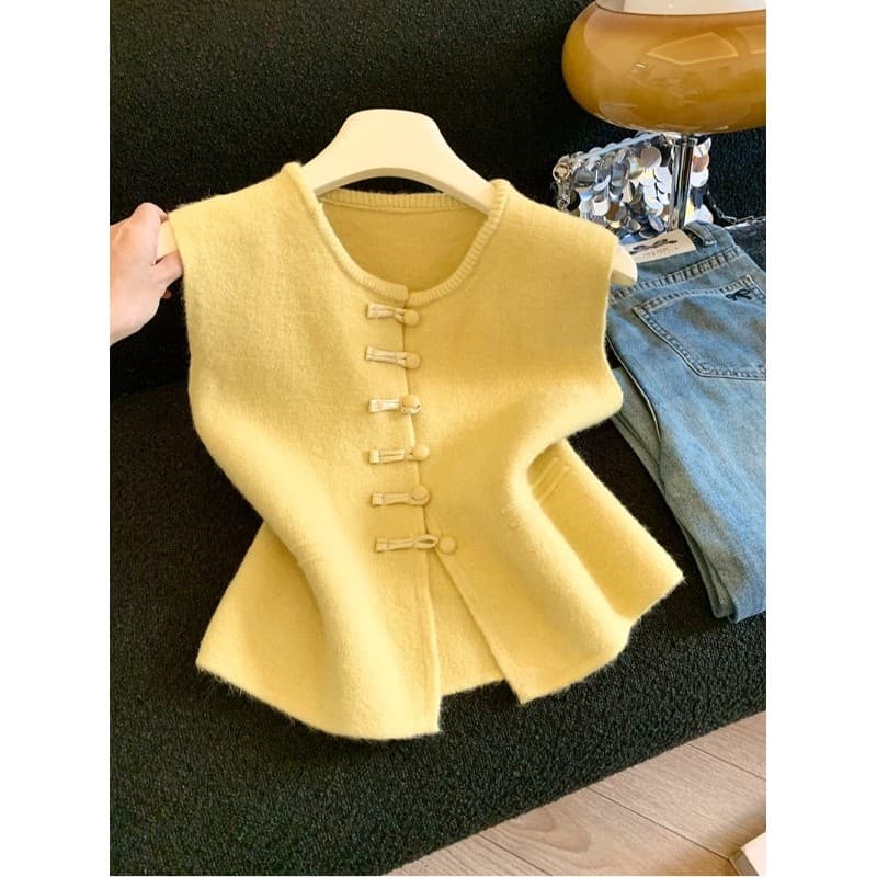 Novo estilo chinês estilo chinês fivela colete amarelo feminino outono inverno estilo em camadas All-Match colete de mal
