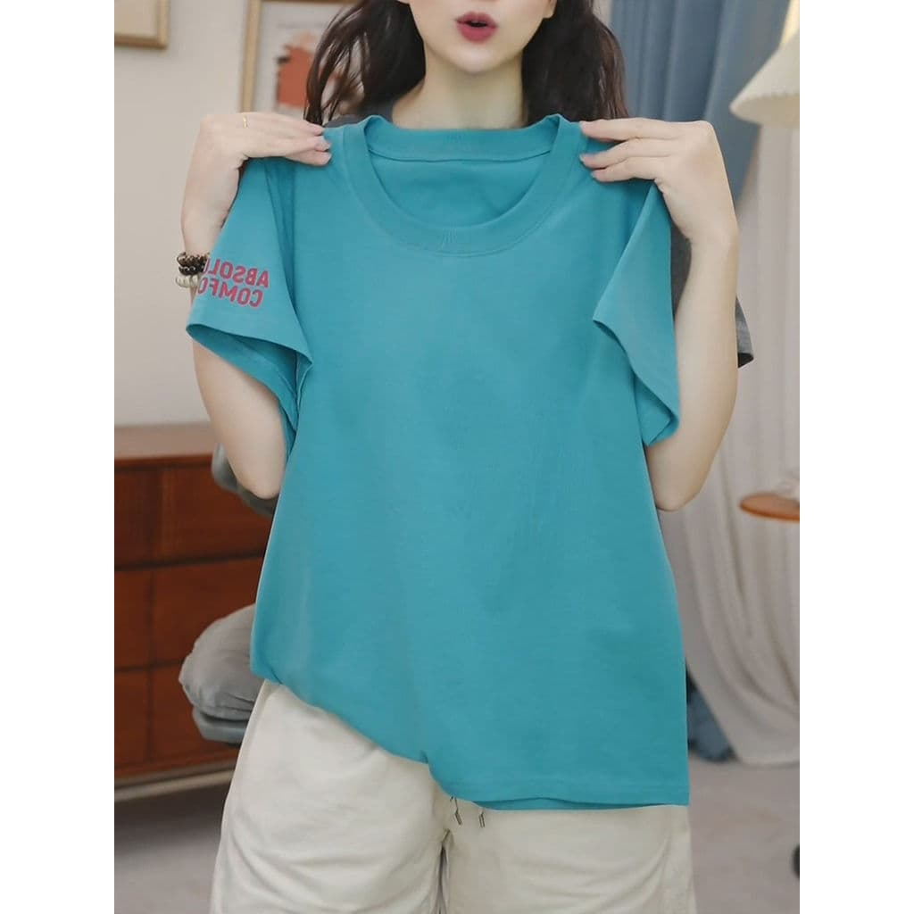 Céu azul carta impressa camiseta de manga curta feminina 2026 verão novo estilo frente ombro camiseta versão coreana All
