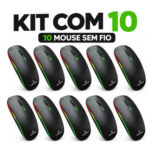 Kit 10 Mouse Wireless Lehmox Sem Fio Com Iluminação RGB Preto
