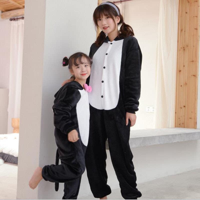 Gato preto dos desenhos animados pijamas de uma peça das mulheres dos homens Anime crianças trajes animais adulto festa