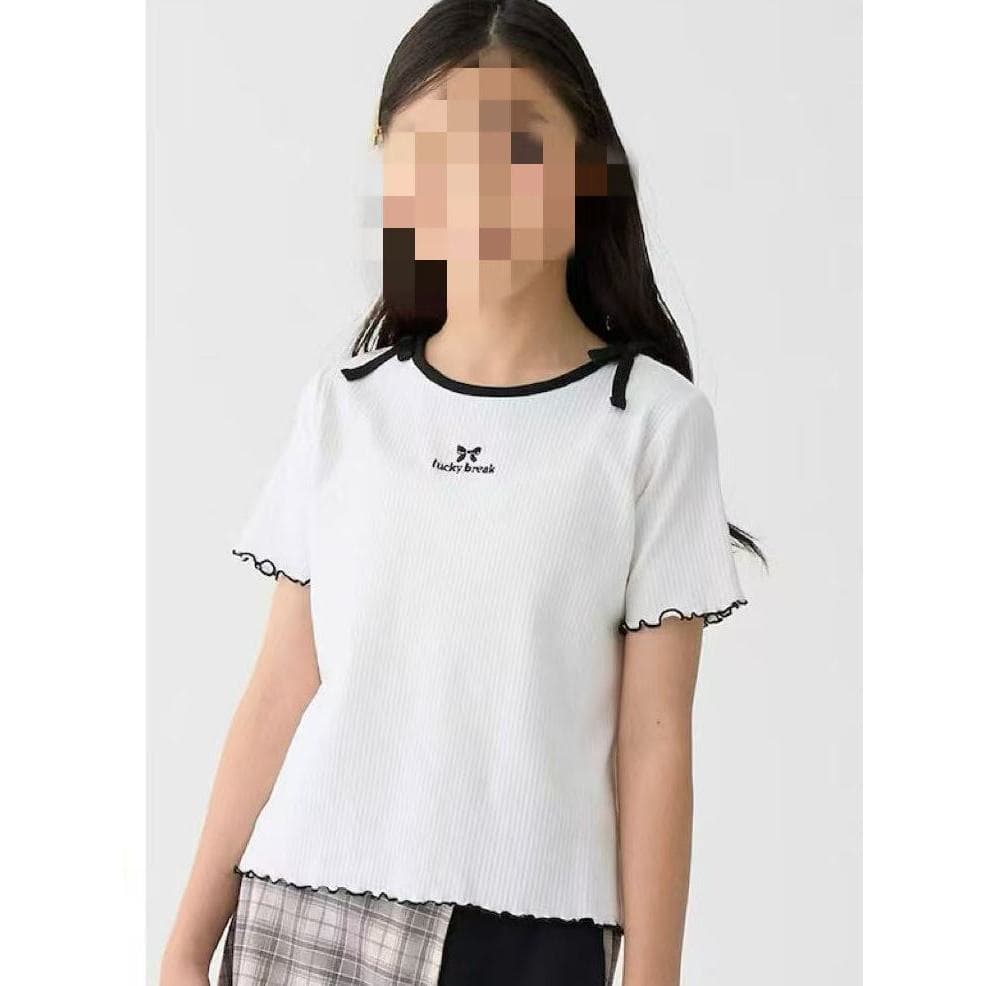 Meninas Bowknot bordado camiseta de manga curta 26 mil casa verão novo estilo fino-ajuste rosqueado babados metade @