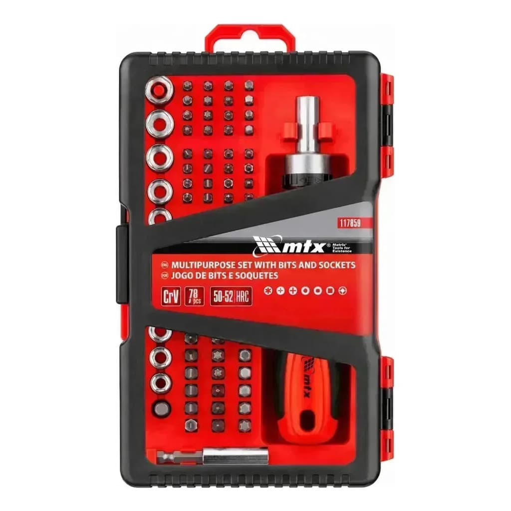 Jogo Bits Soquetes MTX 78 Peças Aço CrV Catraca Reversível Torx Phillips Fenda Hexagonal e Quadrado