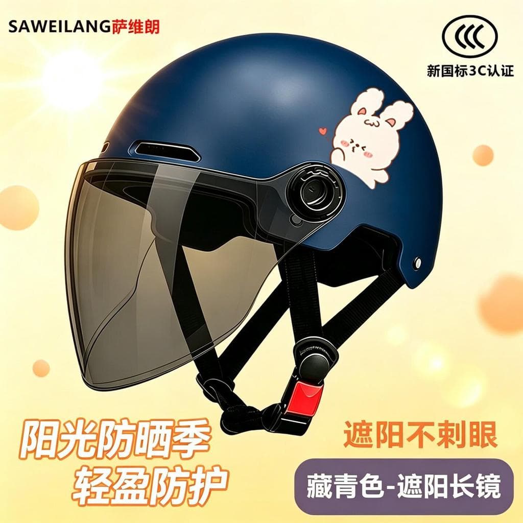 Savillon verão veículo elétrico infantil meio capacete novo padrão nacional 3C bonito coelho noite capacete de proteção