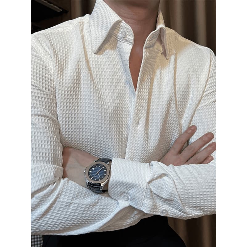 Camisa Waffle de alta qualidade de manga curta masculina negócios 2026 Commuter britânico Yuppie camisa branca de manga