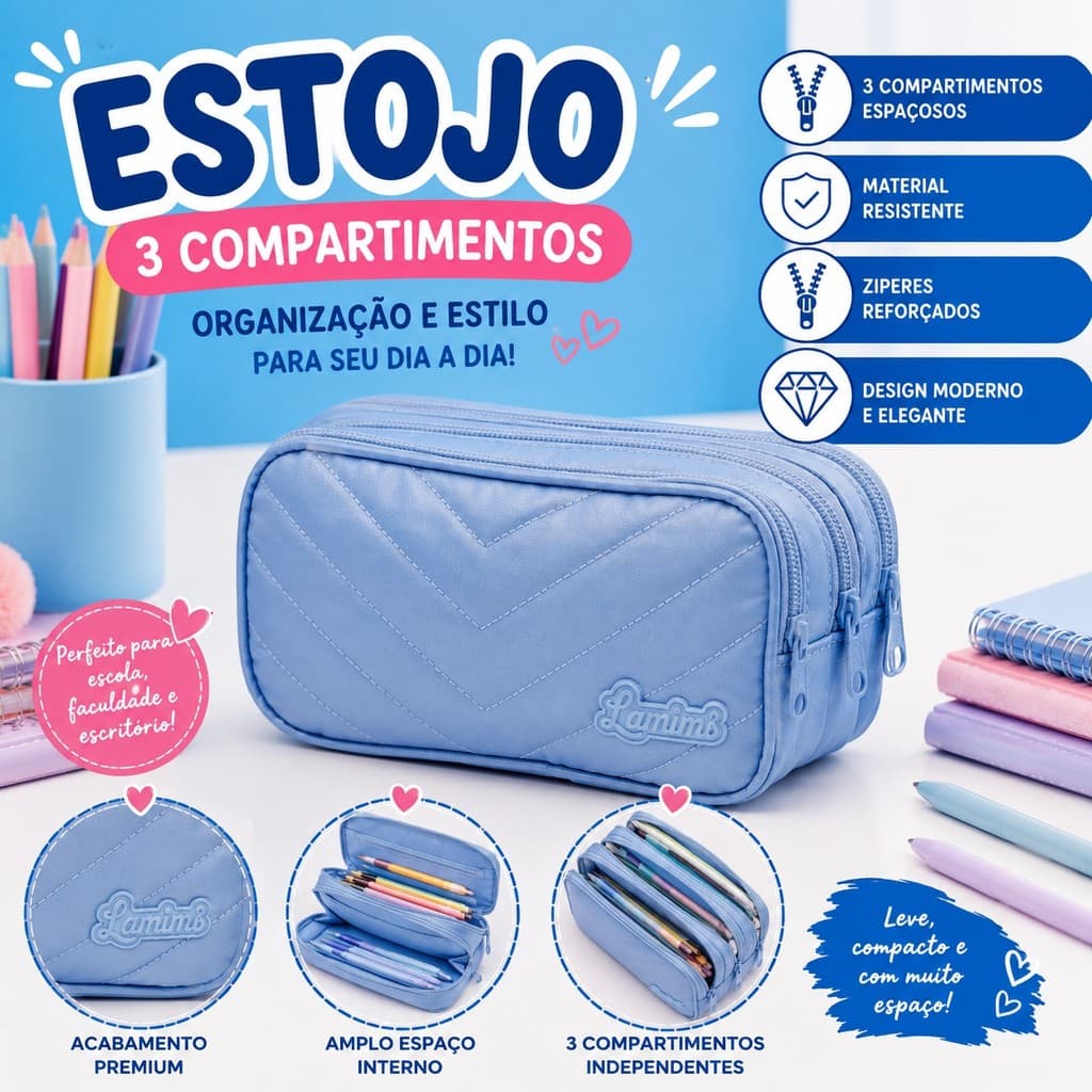 Estojo Escolar Lamimi – 3 Bolsos🎒 Estojo Escolar Lamimi – 3 Bolsos  O Estojo Escolar Lamimi Azul é ideal para