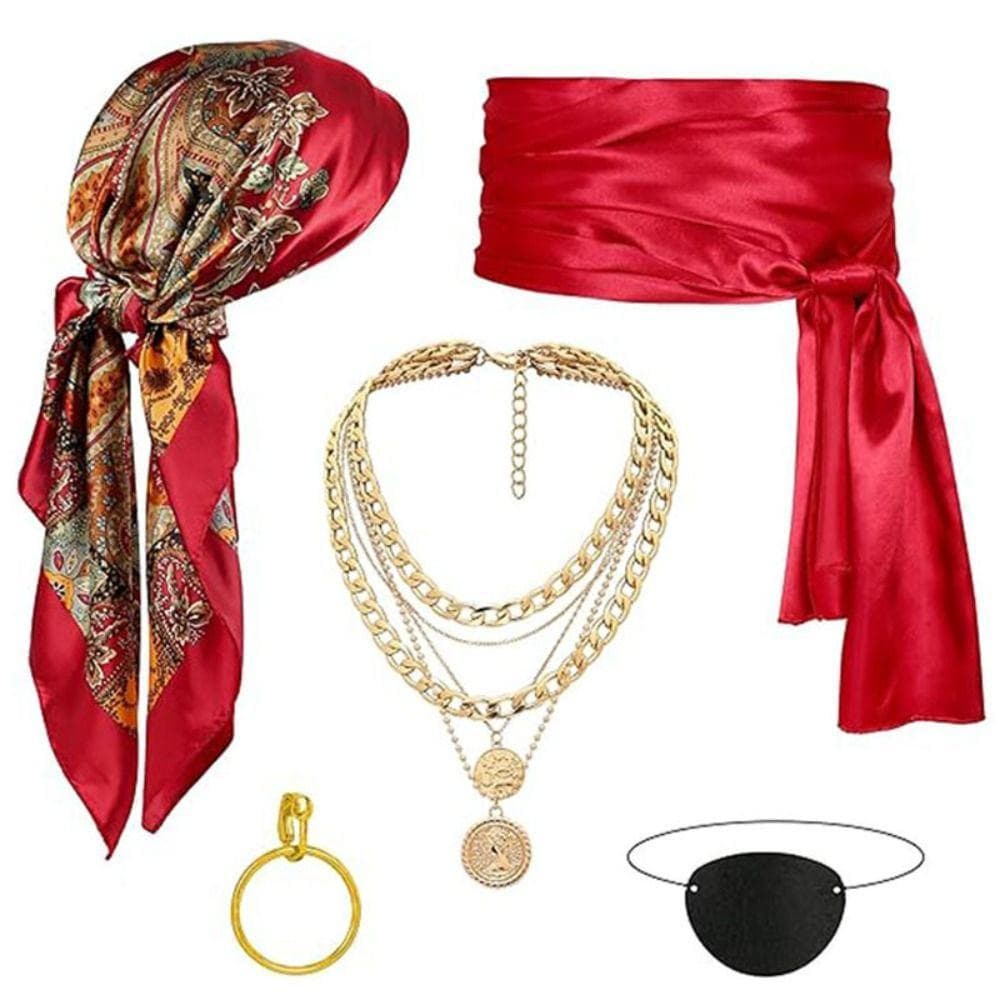 Chapéu Bandana Pirata SD413UDC , Cinto Com Colar Acessórios Para Fantasia De , Vermelho/Preto