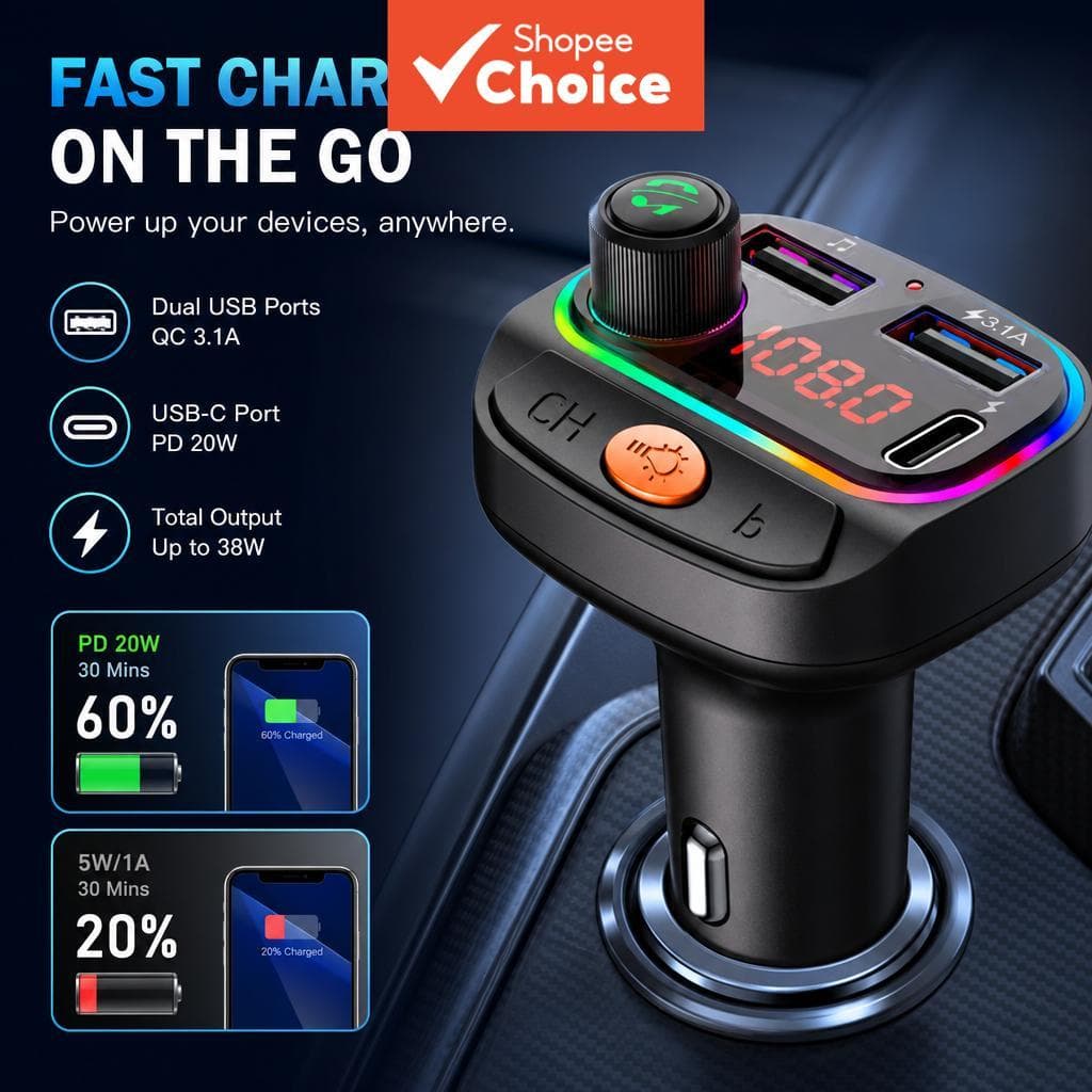 2026 Novo Transmissor FM Bluetooth 5.3 Carregador Veicular USB Tipo C Adaptador PD de Carregamento Rápido para Huawei