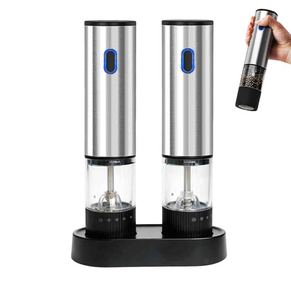 Kit 2 Moedores Elétricos De Sal E Pimenta Recarregável USB com Base Triturador de Tempero com Base