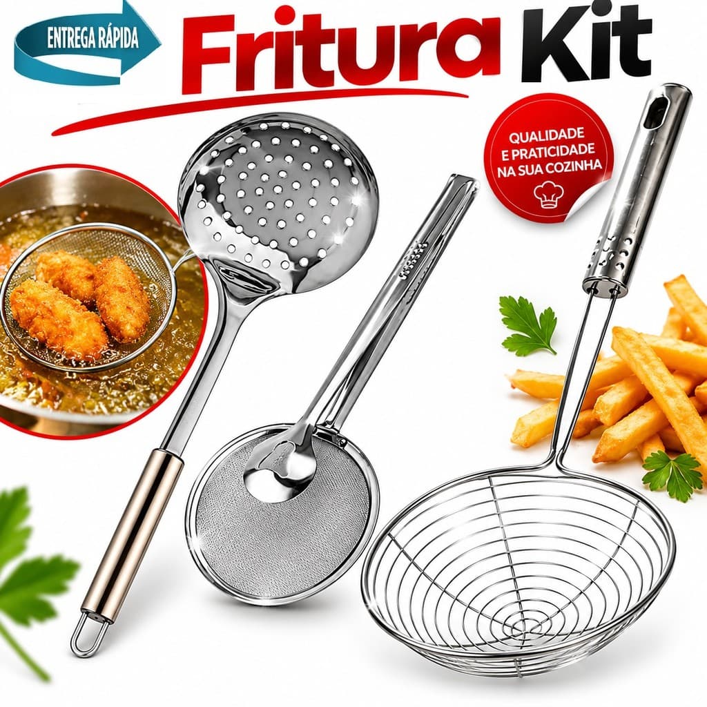 Kit Escumadeira Tradicional + Escumadeira pra Fritura + Escumadeira pra Fritura Pescadora - Qualidade e Praticidade sq