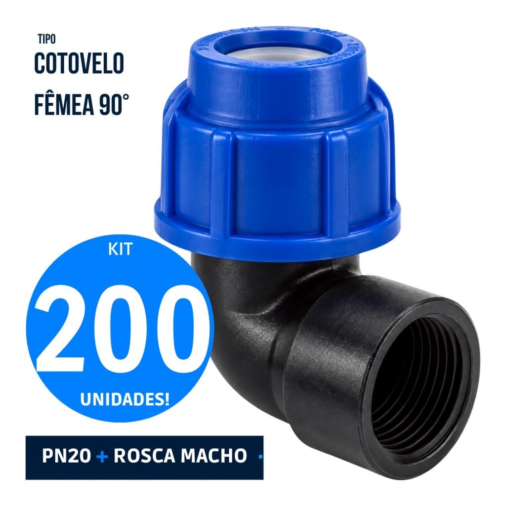 Kit 200 Cotovelos Macho de Compressão PEAD 32mm x 3/4 PN 20 Pietrobon - Conexão 90° Rosca Macho para Tubo PEAD Água Fria