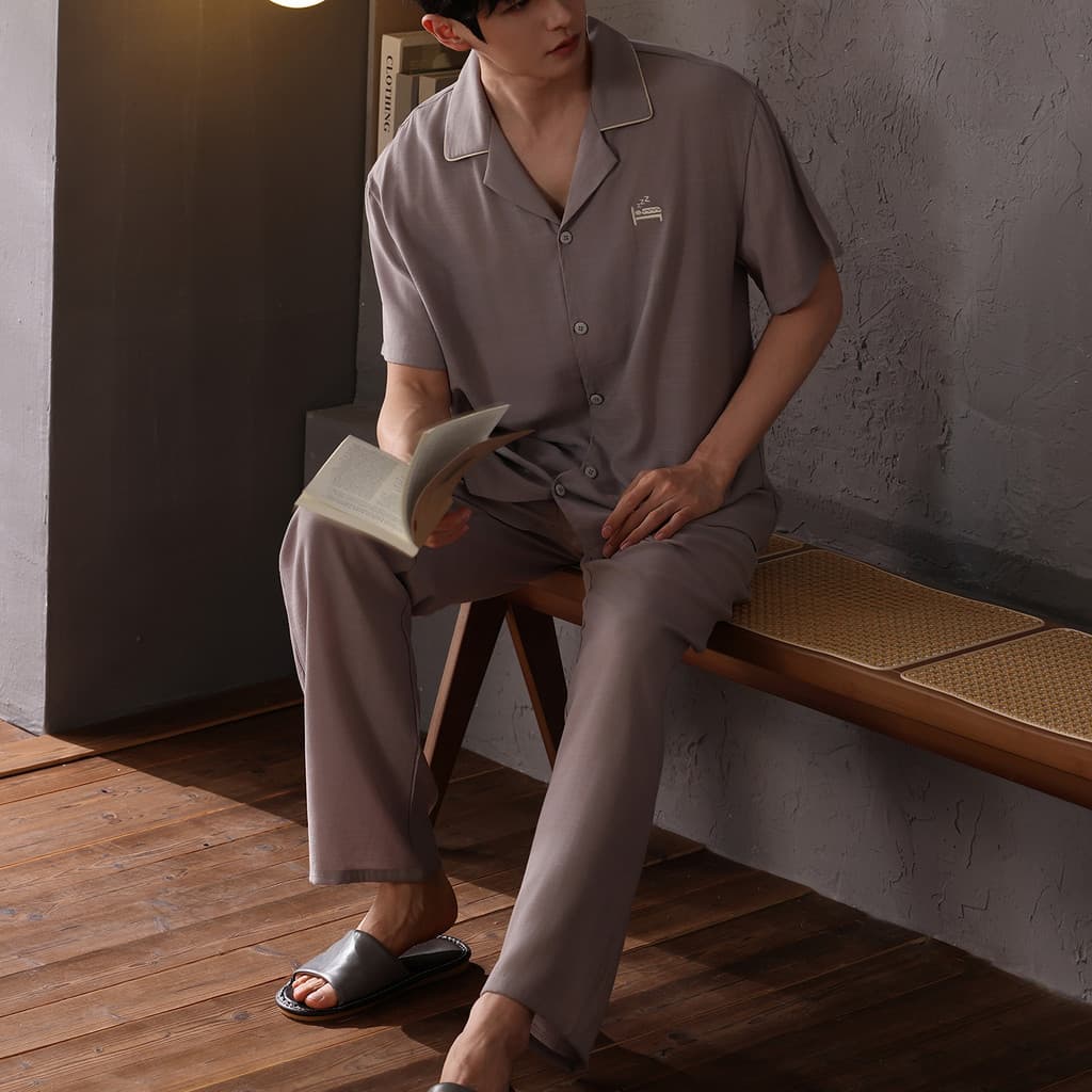 Pijamas masculinos verão fio de linho bordado calças de manga curta pijamas masculinos casuais soltos Loun