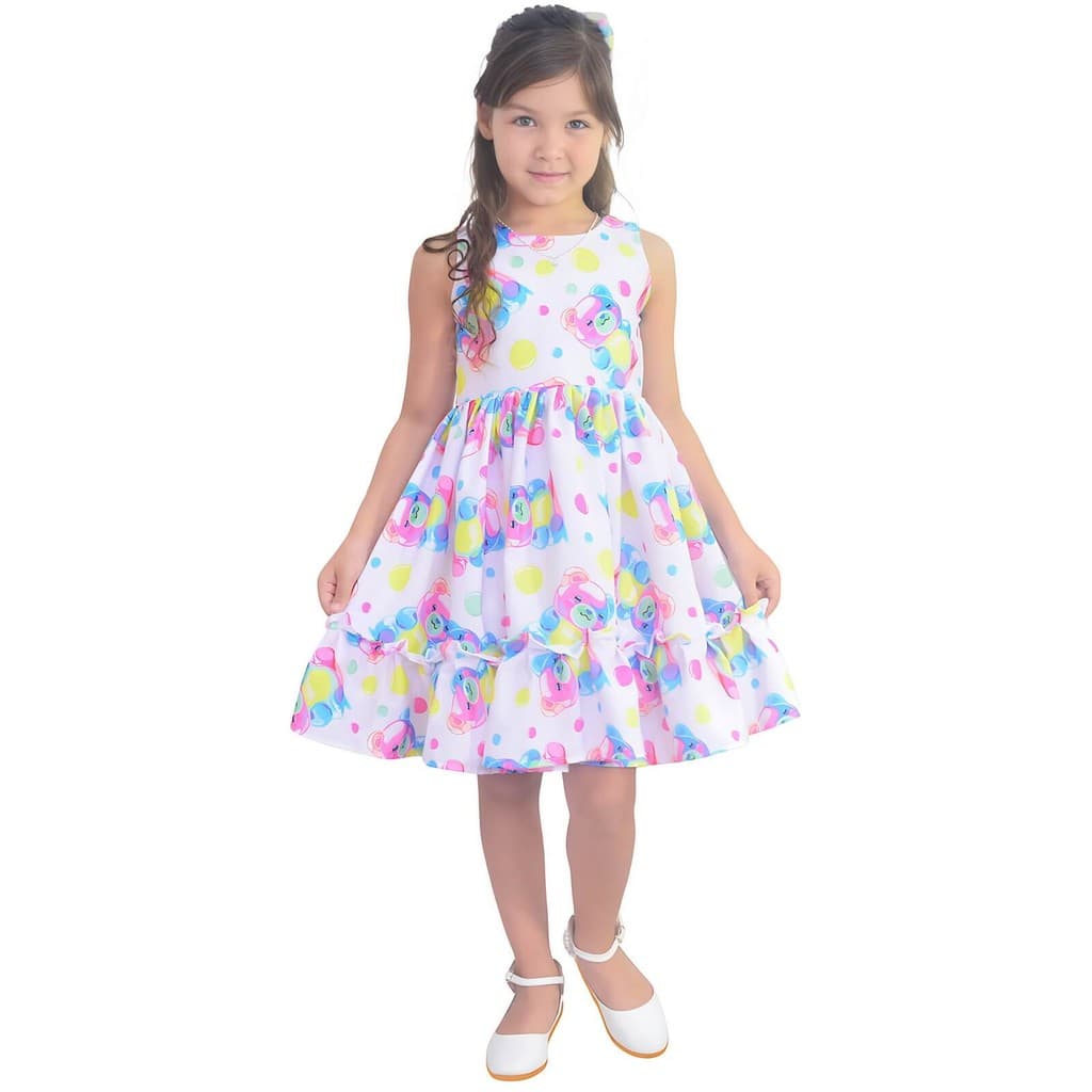 Vestido Infantil Ursinhos Coloridos Estilo Neon - Fashion e Confortável