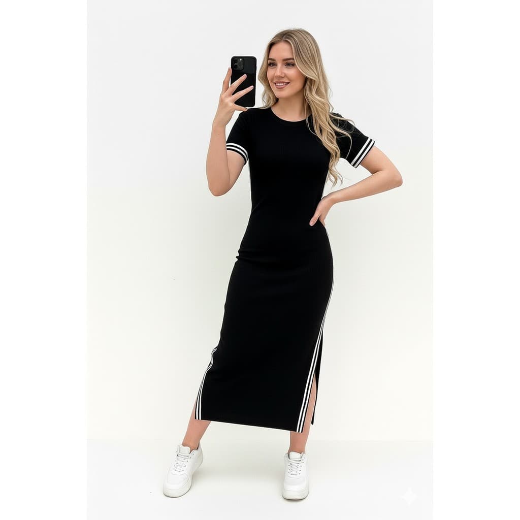 Vestido longo moda feminino detalhe fenda elastano listras manga curta moderna