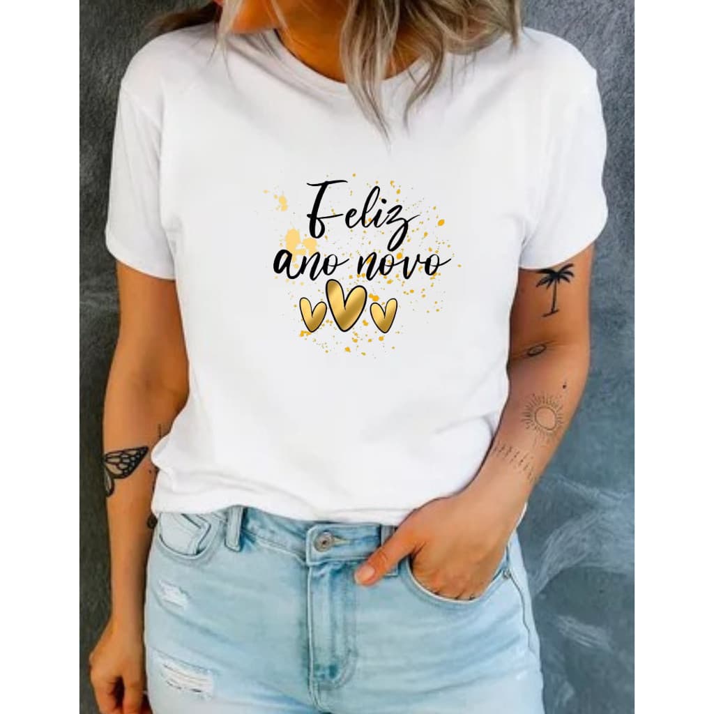 camiseta feminina masculina blusa branca reveillon feliz ano novo final de ano festas