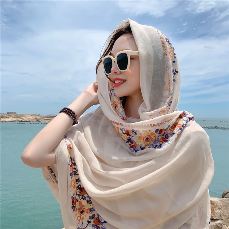Yunnnan xale de viagem feminino estilo étnico algodão linho bordado toalha de praia protetor solar cachecol de seda verã