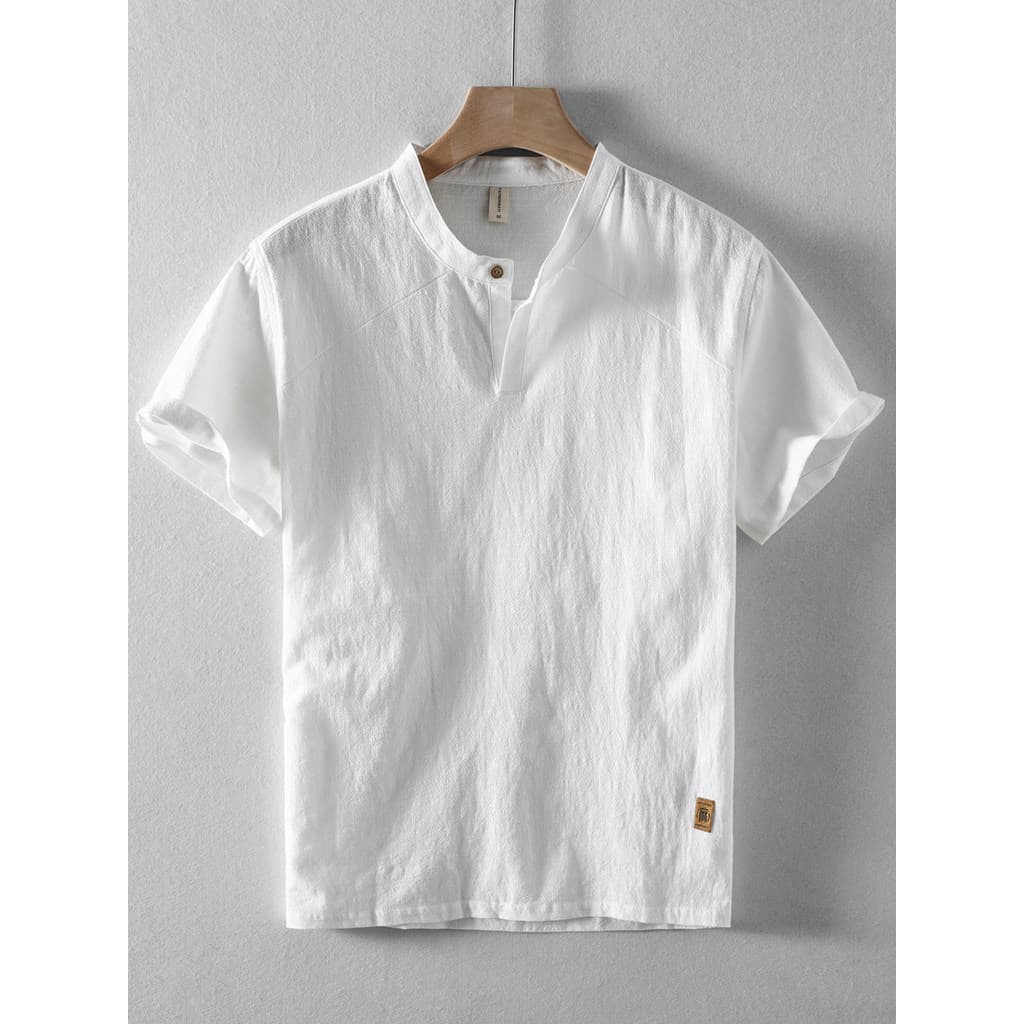 Verão novo estilo de linho masculino camisa de manga curta gola alta algodão linho masculino Retro respirável Casual sol
