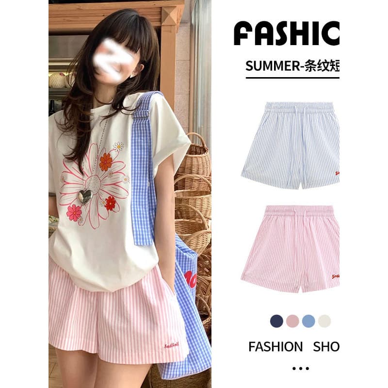 Moda confortável usar bordado listrado shorts feminino verão cintura alta Casual a linha shorts esportivos mais magro ol