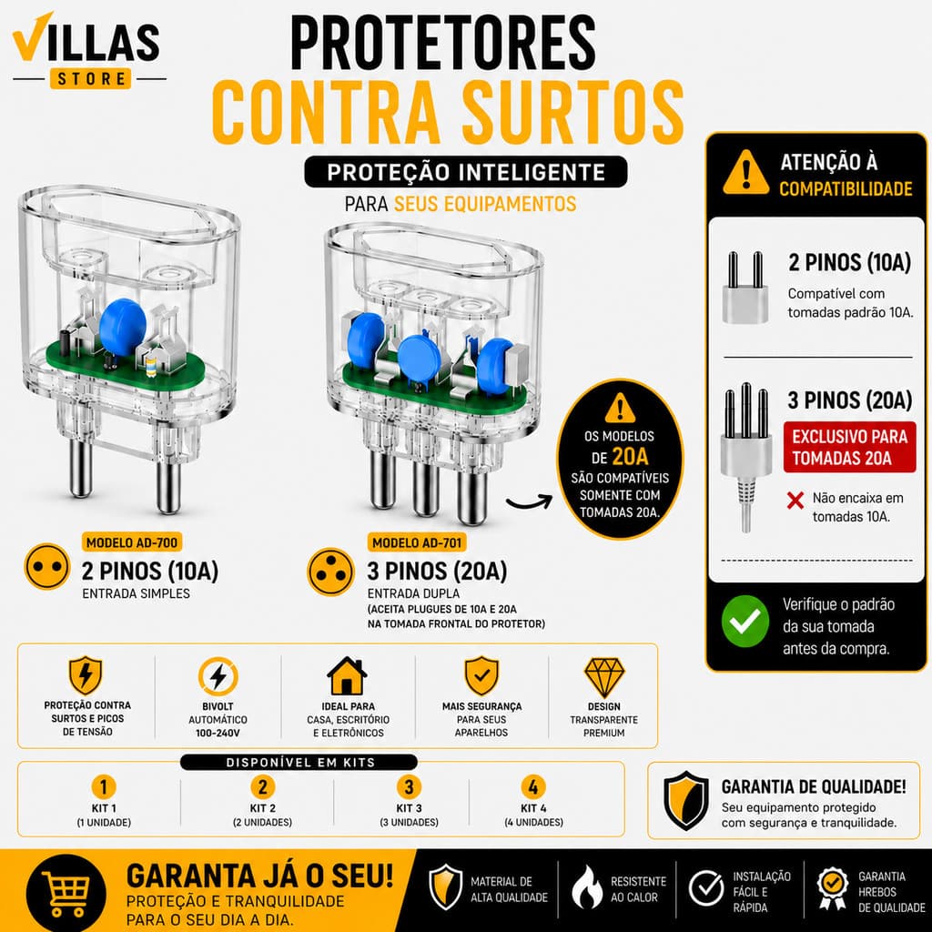 Kit Protetor Contra Surtos DPS Tomada 10A e 20A Bivolt 3600W Kit com 1 2 3 e 4 Unidades