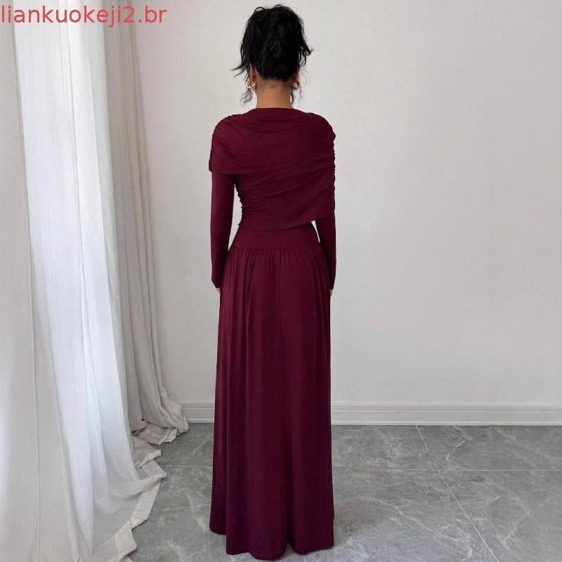 Nova Cor Sólida Ruched Outono Xale Cintura-Cinching Sem Costas Magro-Ajuste Manga Longa Festa Vestido De Noite