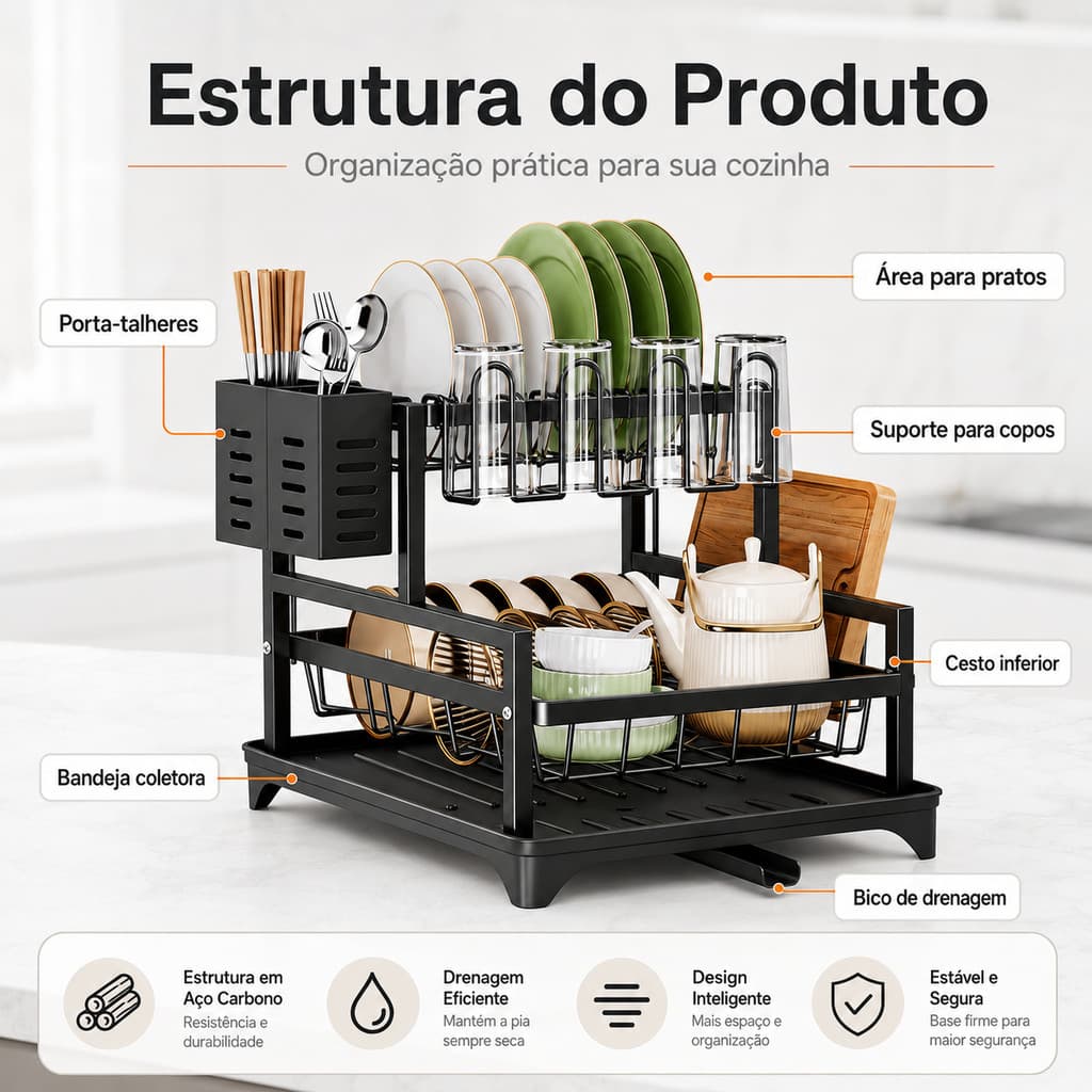 Escorredor de Louça Duplo Preto Organizador Pratos Copos Talheres Pia Cozinha Bancada Casa