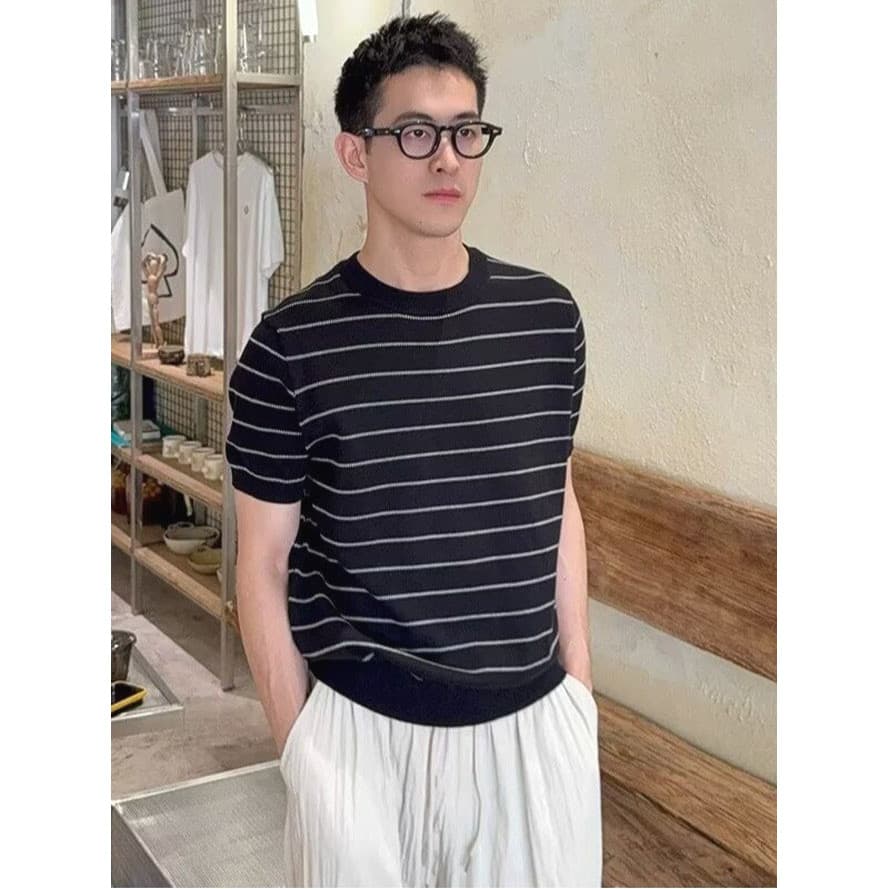 High-End sentimento núcleo-fiado fio malhas masculino legal fino respirável legal seda magro-ajuste moletom de manga cur