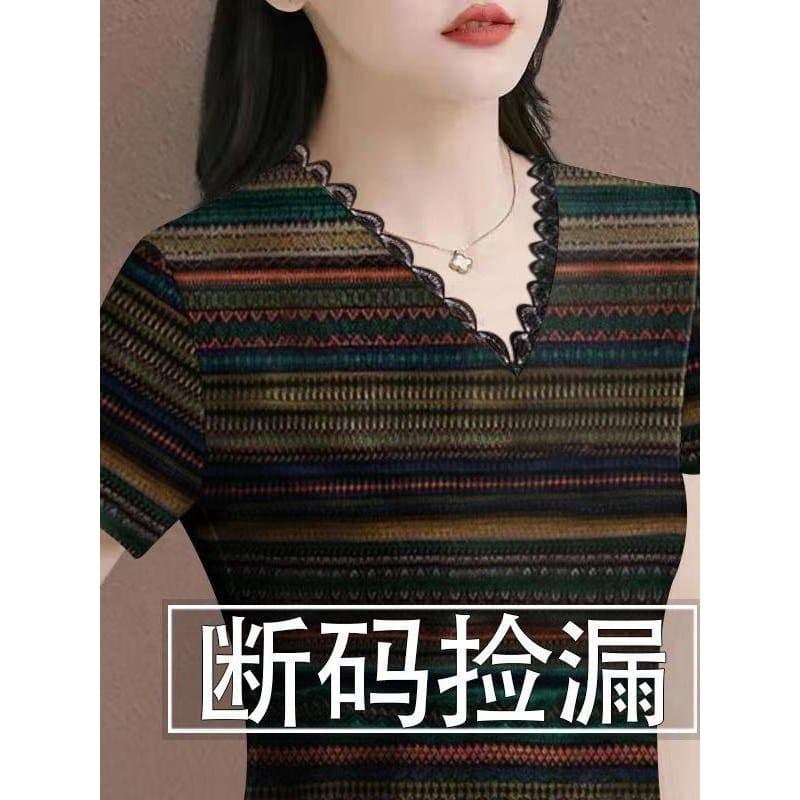 Moda ~ idosos soltos de manga curta camisa de fundo roupas femininas 2025 verão novo estilo gola de renda exterior camis