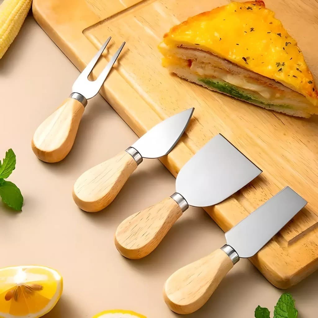 Conjunto Jogo P/ Cortar Queijo 4 Pçs Inox Kit Facas Espátula
