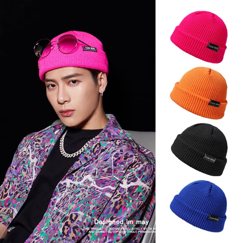 Chapéu de malha de cor sólida estilo curto Wang Jiaer mesmo estilo chapéu teamwang chapéu frio preto na moda masculino m