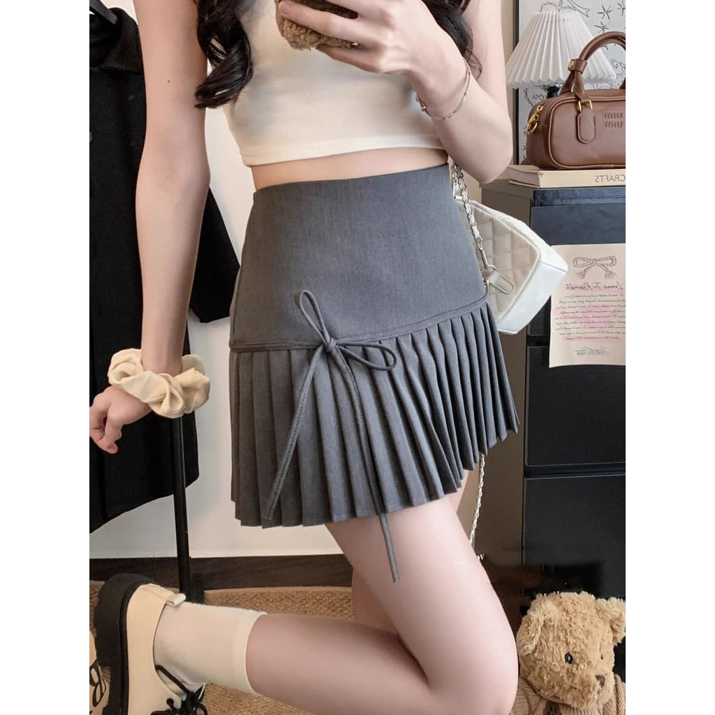 Cinza Bowknot saia feminina pequena saia plissada saia curta verão Anti-reflexo quente menina cintura alta a linha saia