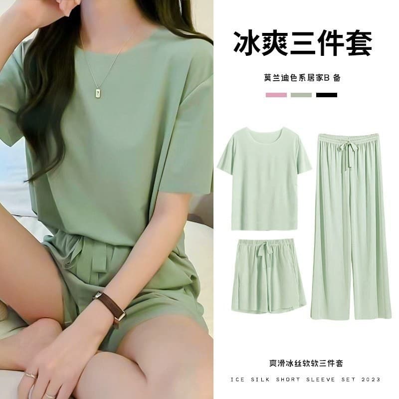 Pijamas macios de seda gelo conjunto de três peças verão fino solto Casual Loungewear feminino simples Shorts de manga c