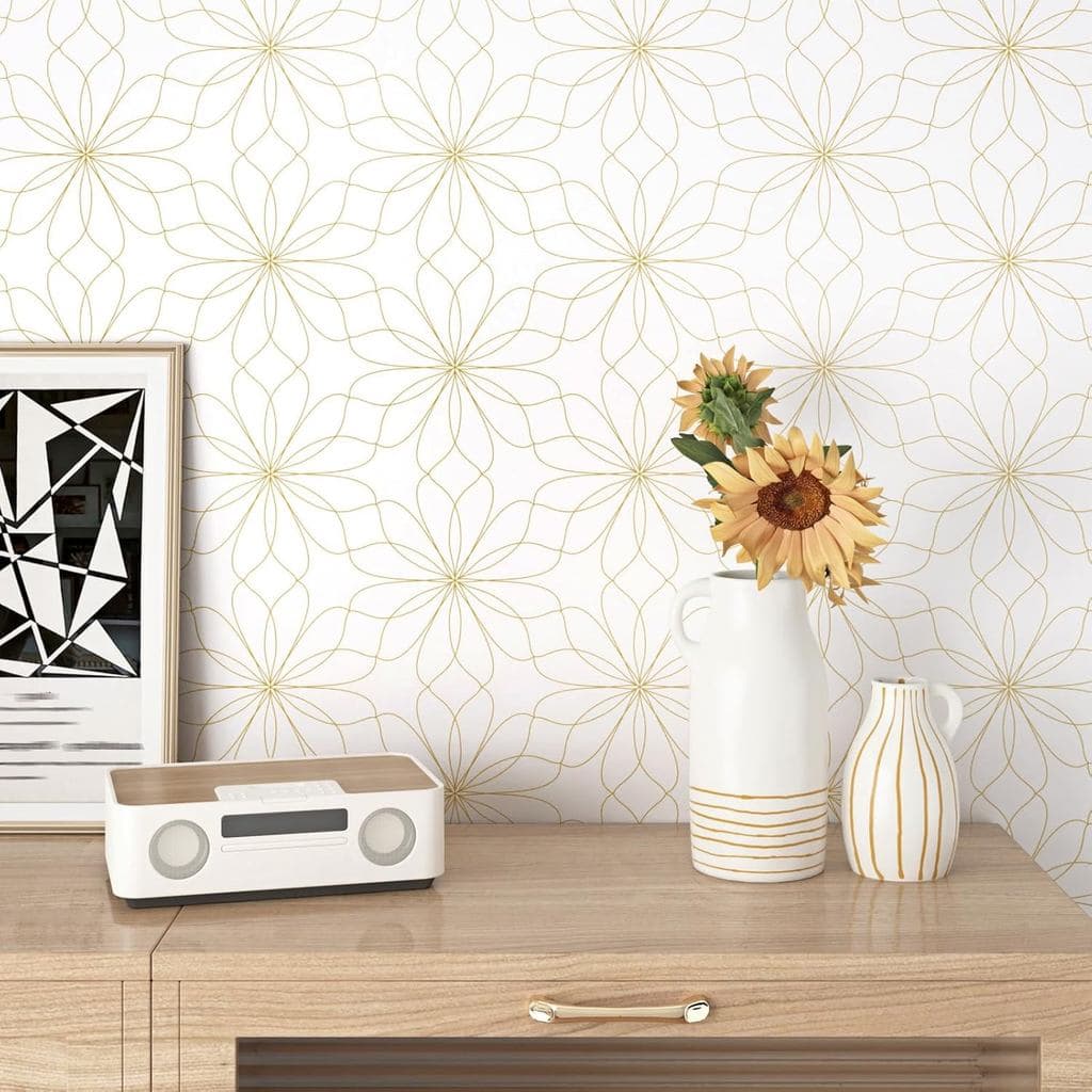 Papel de Parede Geométrico Autoadesivo Floral Dourado/Bege Abstrato para Banheiro, Quarto, Papel de Contato Removível pa