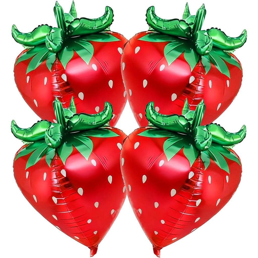 Vuzvuv 4 Pcs Red 4D Strawberry Balloons, Fruit Aluminum Foil Balloons for Birthday, Summer Decoration,Themed Party Suppl