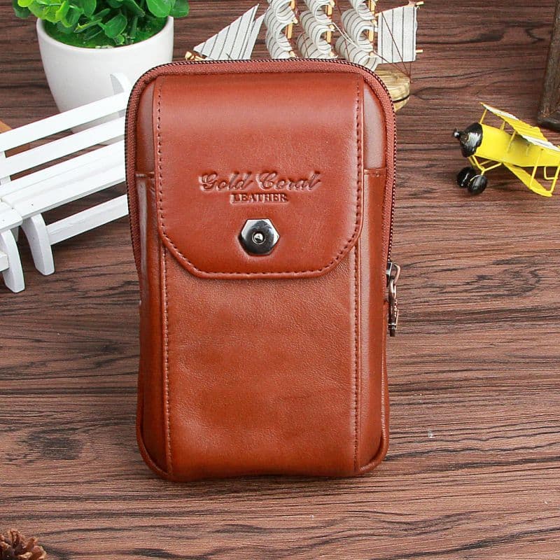 Bolsa de cintura de couro Coral dourado masculina, 17cm, 18cm, 19cm, tela grande, bolsa para celular, cinto de uso, bols