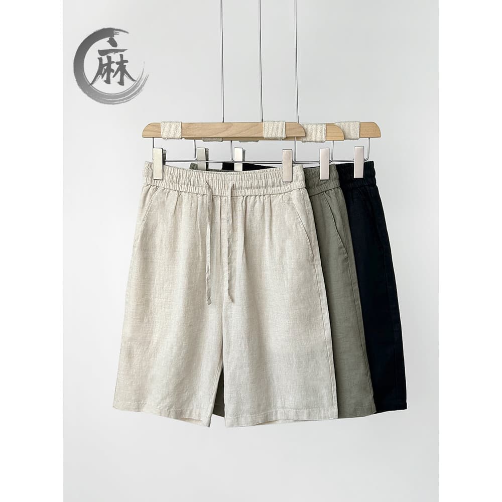 High-End Shorts de linho puro masculino verão linho completo calças de cinco pontos calças masculinas de comprimento méd